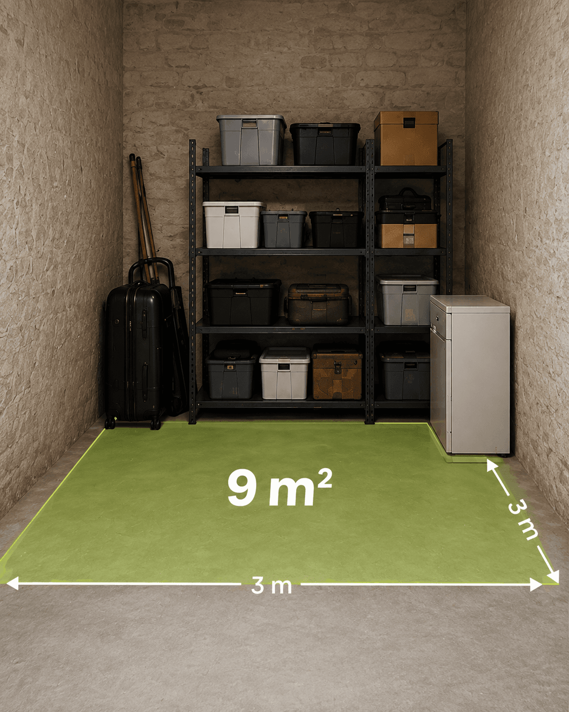 Une cave voûtée de 9 m² avec étagère, bacs, valises et mobilier.