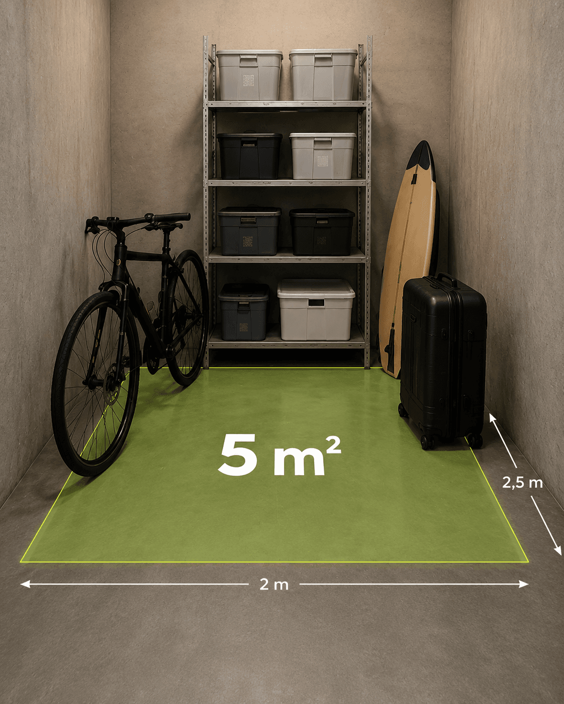 Une cave de 5 m² avec vélo, étagère, bacs, planche et valise, surface au sol matérialisée.