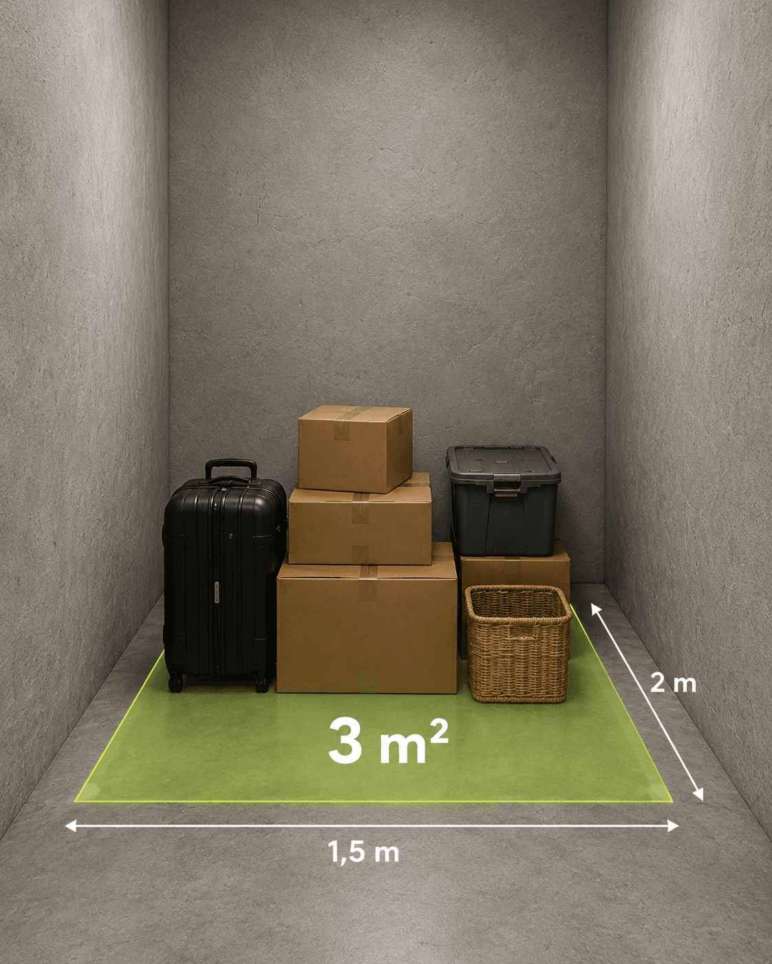 Une cave de 3 m² avec valise, cartons et bac de rangement, surface au sol matérialisée.
