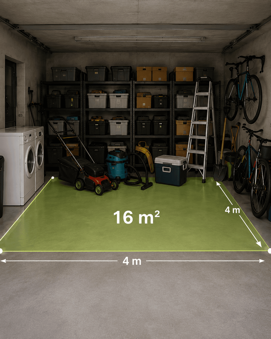Un garage de 16 m² avec lave-linge, tondeuse, échelle, vélos et rayonnage.